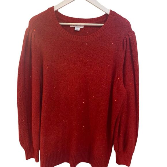 Liz Claiborne red sparkly metallic sequin long puff sleeve crew neck sweater XL - Picture 1 of 6